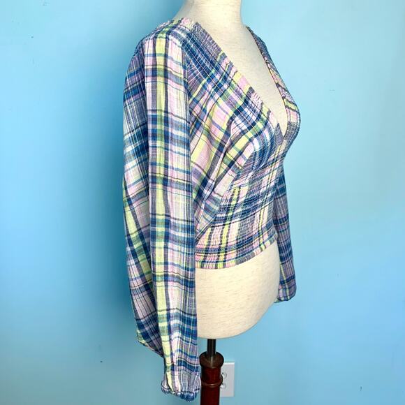 Free People Marlena Plaid Crop Smocked Oversized Sleeve Top Size XS - Picture 6 of 8